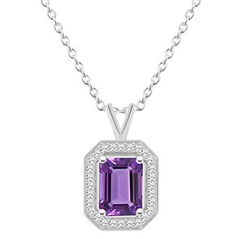 Celebration Gems Sterling Silver Emerald Cut Gemstone & 1/8 Carat T.W. Diamond Halo Pendant Necklace