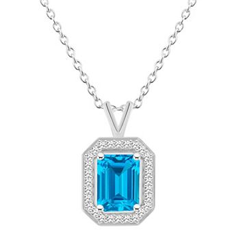 Celebration Gems Sterling Silver Emerald Cut Gemstone & 1/8 Carat T.W. Diamond Halo Pendant Necklace