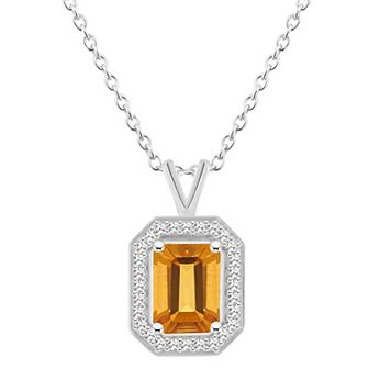 Celebration Gems Sterling Silver Emerald Cut Gemstone & 1/8 Carat T.W. Diamond Halo Pendant Necklace