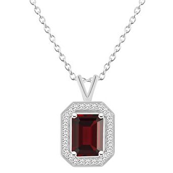 Celebration Gems Sterling Silver Emerald Cut Gemstone & 1/8 Carat T.W. Diamond Halo Pendant Necklace