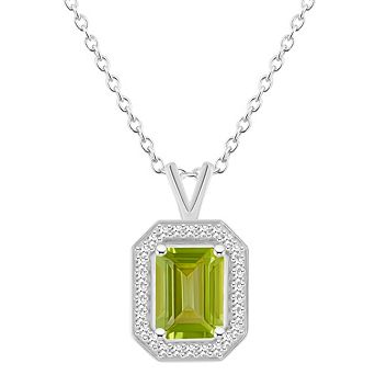 Celebration Gems Sterling Silver Emerald Cut Gemstone & 1/8 Carat T.W. Diamond Halo Pendant Necklace