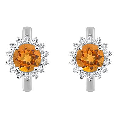 Celebration Gems Sterling Silver Round Gemstone and White Topaz Halo Huggie Hoop Earrings