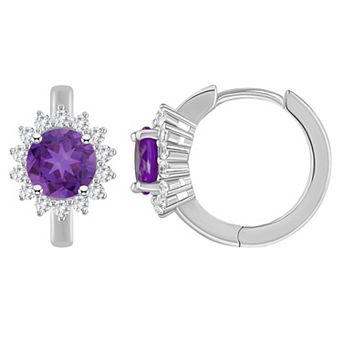 Celebration Gems Sterling Silver Round Gemstone & White Topaz Halo Huggie Hoop Earrings