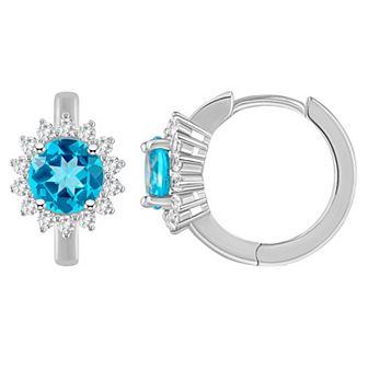 Celebration Gems Sterling Silver Round Gemstone & White Topaz Halo Huggie Hoop Earrings