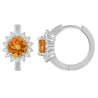 Celebration Gems Sterling Silver Round Gemstone & White Topaz Halo Huggie Hoop Earrings