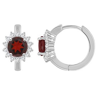 Celebration Gems Sterling Silver Round Gemstone & White Topaz Halo Huggie Hoop Earrings