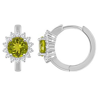 Celebration Gems Sterling Silver Round Gemstone & White Topaz Halo Huggie Hoop Earrings