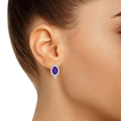 Celebration Gems Sterling Silver Oval Gemstone and White Topaz Halo Huggie Hoop Earrings