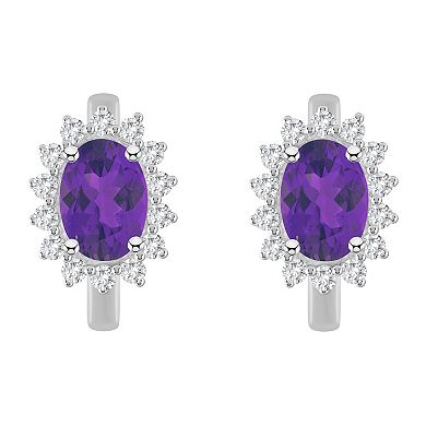 Celebration Gems Sterling Silver Oval Gemstone and White Topaz Halo Huggie Hoop Earrings