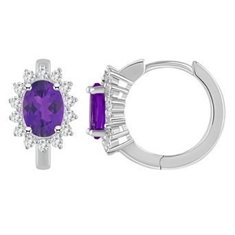 Celebration Gems Sterling Silver Oval Gemstone & White Topaz Halo Huggie Hoop Earrings