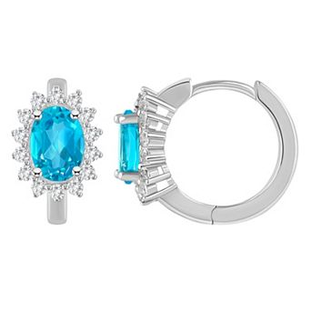 Celebration Gems Sterling Silver Oval Gemstone & White Topaz Halo Huggie Hoop Earrings