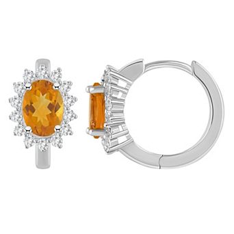 Celebration Gems Sterling Silver Oval Gemstone & White Topaz Halo Huggie Hoop Earrings