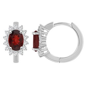 Celebration Gems Sterling Silver Oval Gemstone & White Topaz Halo Huggie Hoop Earrings
