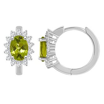 Celebration Gems Sterling Silver Oval Gemstone & White Topaz Halo Huggie Hoop Earrings