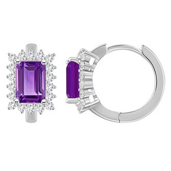 Celebration Gems Sterling Silver Emerald Cut Gemstone & White Topaz Halo Huggie Hoop Earrings