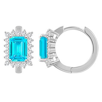 Celebration Gems Sterling Silver Emerald Cut Gemstone & White Topaz Halo Huggie Hoop Earrings