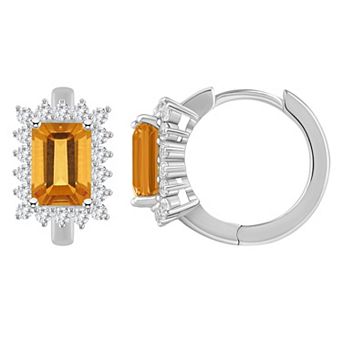 Celebration Gems Sterling Silver Emerald Cut Gemstone & White Topaz Halo Huggie Hoop Earrings