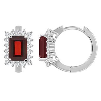 Celebration Gems Sterling Silver Emerald Cut Gemstone & White Topaz Halo Huggie Hoop Earrings