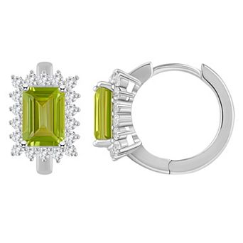 Celebration Gems Sterling Silver Emerald Cut Gemstone & White Topaz Halo Huggie Hoop Earrings