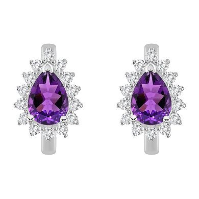 Celebration Gems Sterling Silver Pear Shape Gemstone and White Topaz Halo Huggie Hoop Earrings
