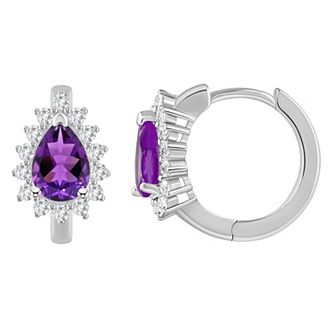Celebration Gems Sterling Silver Pear Shape Gemstone & White Topaz Halo Huggie Hoop Earrings