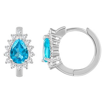 Celebration Gems Sterling Silver Pear Shape Gemstone & White Topaz Halo Huggie Hoop Earrings