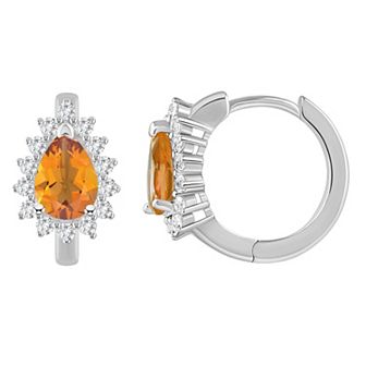 Celebration Gems Sterling Silver Pear Shape Gemstone & White Topaz Halo Huggie Hoop Earrings