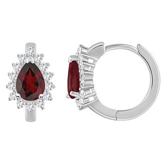 Celebration Gems Sterling Silver Pear Shape Gemstone & White Topaz Halo Huggie Hoop Earrings