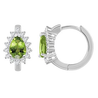Celebration Gems Sterling Silver Pear Shape Gemstone & White Topaz Halo Huggie Hoop Earrings