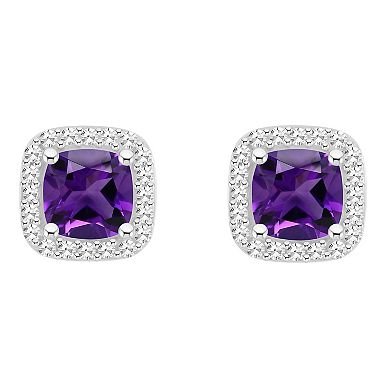 Celebration Gems Sterling Silver 5 mm Cushion Gemstone and 1/5 Carat T.W. Diamond Halo Stud Earrings