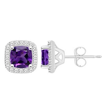 Celebration Gems Sterling Silver 5 mm Cushion Gemstone & 1/5 Carat T.W. Diamond Halo Stud Earrings