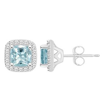 Celebration Gems Sterling Silver 5 mm Cushion Gemstone & 1/5 Carat T.W. Diamond Halo Stud Earrings