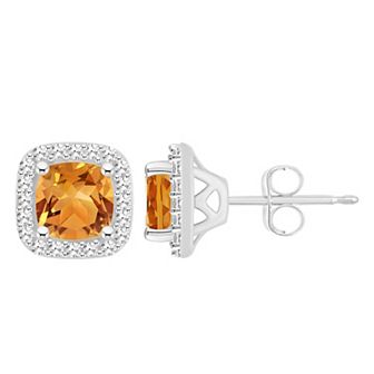 Celebration Gems Sterling Silver 5 mm Cushion Gemstone & 1/5 Carat T.W. Diamond Halo Stud Earrings