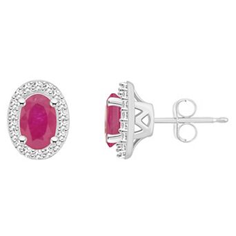 Celebration Gems Sterling Silver Gemstone Oval & 1/5 Carat T.W. Diamond Halo Stud Earrings