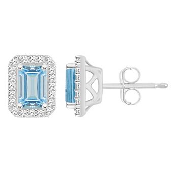 Celebration Gems Sterling Silver Emerald-Cut Gemstone & 1/5 Carat T.W. Diamond Halo Stud Earrings