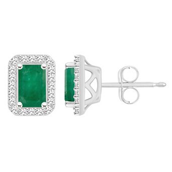 Celebration Gems Sterling Silver Emerald-Cut Gemstone & 1/5 Carat T.W. Diamond Halo Stud Earrings
