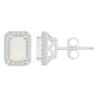 Celebration Gems Sterling Silver Emerald-Cut Gemstone & 1/5 Carat T.W. Diamond Halo Stud Earrings