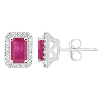 Celebration Gems Sterling Silver Emerald-Cut Gemstone & 1/5 Carat T.W. Diamond Halo Stud Earrings