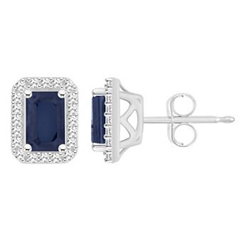 Celebration Gems Sterling Silver Emerald-Cut Gemstone & 1/5 Carat T.W. Diamond Halo Stud Earrings