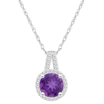 Celebration Gems Sterling Silver 7 mm Round Gemstone & 1/8 Carat T.W. Diamond Halo Pendant Necklace