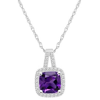 Celebration Gems Sterling Silver 7 mm Cushion Gemstone & 1/6 Carat T.W. Diamond Halo Pendant Necklace