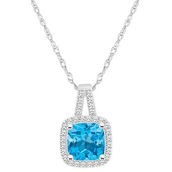 Celebration Gems Sterling Silver 7 mm Cushion Gemstone & 1/6 Carat T.W. Diamond Halo Pendant Necklace