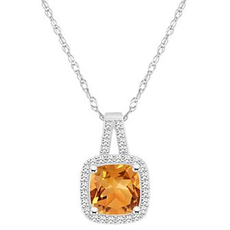 Celebration Gems Sterling Silver 7 mm Cushion Gemstone & 1/6 Carat T.W. Diamond Halo Pendant Necklace
