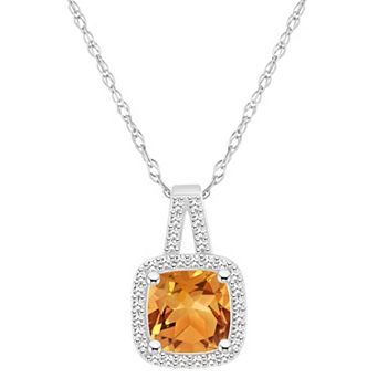Celebration Gems Sterling Silver 7 mm Cushion Gemstone & 1/6 Carat T.W. Diamond Halo Pendant Necklace