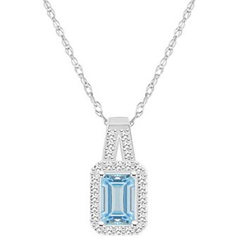 Celebration Gems Sterling Silver Emerald-Cut Gemstone & 1/8 Carat T.W. Diamond Halo Pendant Necklace