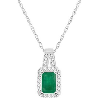 Celebration Gems Sterling Silver Emerald-Cut Gemstone & 1/8 Carat T.W. Diamond Halo Pendant Necklace
