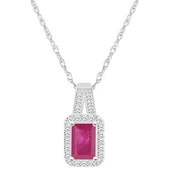 Celebration Gems Sterling Silver Emerald-Cut Gemstone & 1/8 Carat T.W. Diamond Halo Pendant Necklace