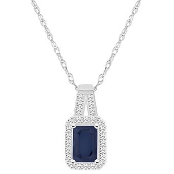 Celebration Gems Sterling Silver Emerald-Cut Gemstone & 1/8 Carat T.W. Diamond Halo Pendant Necklace