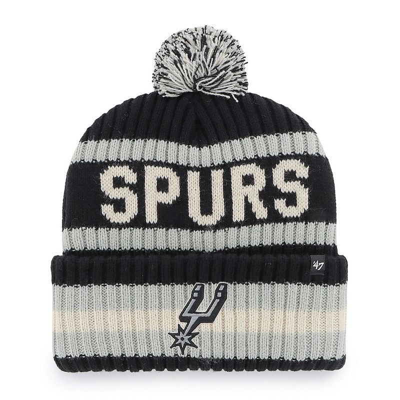 Mens 47 Black San Antonio Spurs Bering Cuffed Knit Hat with Pom