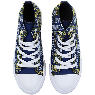 Youth FOCO Navy Milwaukee Brewers Repeat Wordmark High Top Canvas Allover Sneakers